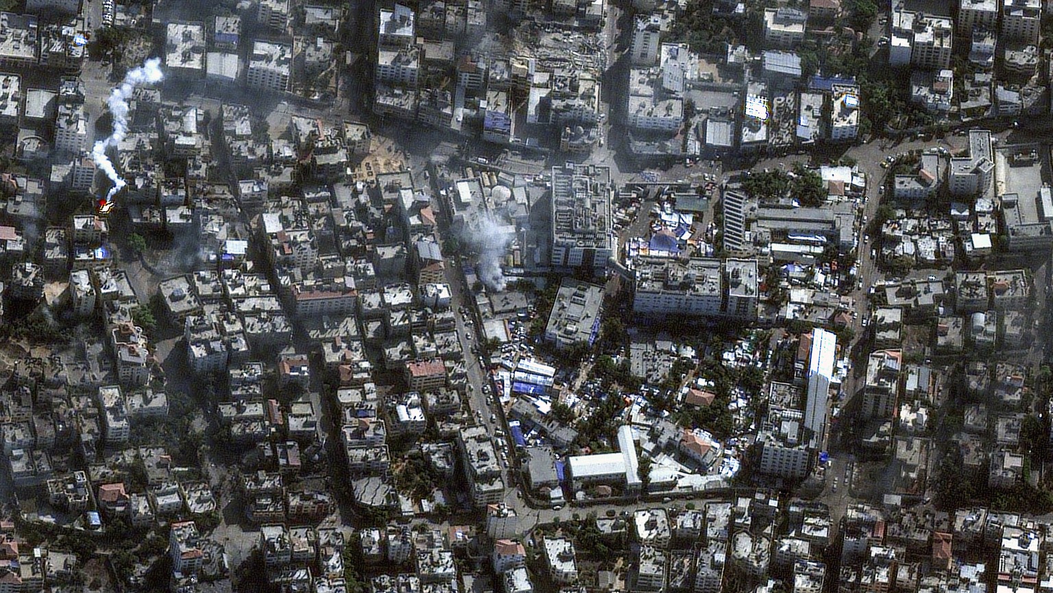 This image from Maxar Technologies shows al-Shifa Hospital and surrounding area in Gaza City, Saturday, November 11, 2023. (Satellite image
