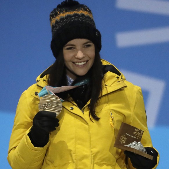 Bronze medalist in the women&#039;s super-G Tina Weirather, of Liechtenstein, smiles during the medals ceremony at the 2018 Winter Olympics in Pyeongchang, South Korea, Saturday, Feb. 17, 2018. (AP Ph ...