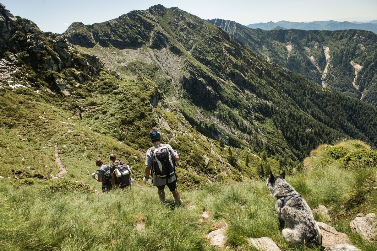 Bergwanderer auf dem Hoehenweg ''Via Alta Vallemaggia'', 2. Etappe zwischen der Capanna Alpe Nimi und dem Rifugio Alpe Masnee oberhalb von Maggia, am 23. Juli 2021. Die anspruchsvo ...