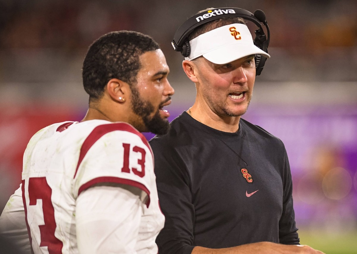 NCAA, College League, USA Football: Southern California at Arizona State Southern California Trojans quarterback Caleb Williams 13 talks with head coach Lincoln Riley in the fourth quarter of an NCAA  ...