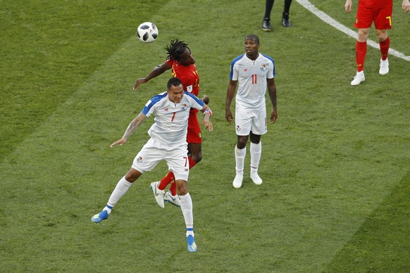 Belgium&#039;s Dedryck Boyata, top, goes for a header with Panama&#039;s Blas Perez, left, during the group G match between Belgium and Panama at the 2018 soccer World Cup in the Fisht Stadium in Soch ...