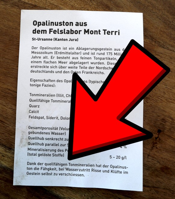 «Dank der quellfähigen Tonmineralien hat der Opalinuston die Fähgkeit [sic!], bei Wasserzutritt Risse und Klüfte im Gestein selbst zu verschliessen.»