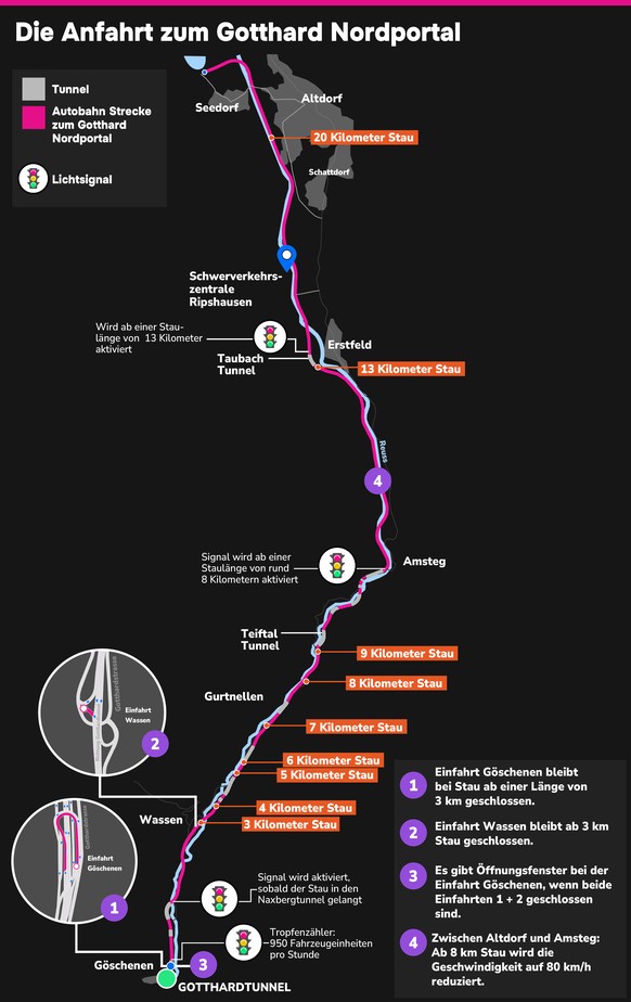 Stau am Gotthard Übersichtskarte Pfingststau Osterstau Auffahrtsstau Amsteg Nordportal Wassen Göschenen