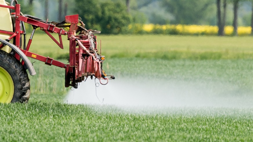 ARCHIV - ARCHIV - 18.05.2015, Brandenburg, Neuranft: Ein Landwirt fährt mit einer Dünger- und Pestizidspritze am über ein Feld mit jungem Getreide nahe Neuranft im Oderbruch. Bei der Schädlingsbekämpf ...