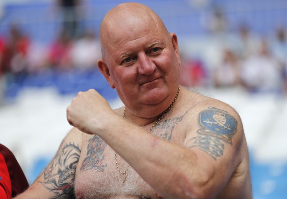 An England fan looks on prior the quarterfinal match between Sweden and England at the 2018 soccer World Cup in the Samara Arena, in Samara, Russia, Saturday, July 7, 2018. (AP Photo/Frank Augstein)