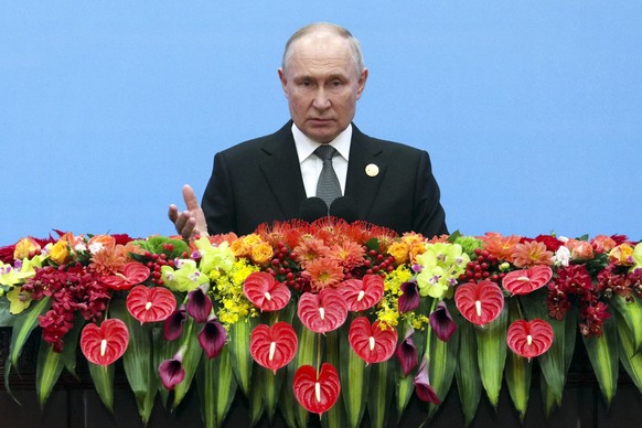 Russian President Vladimir Putin delivers a speech during the Belt and Road Forum at the Great Hall of the People in Beijing, Wednesday, Oct. 18, 2023. (Andrei Gordeyev, Sputnik, Kremlin Pool Photo vi ...