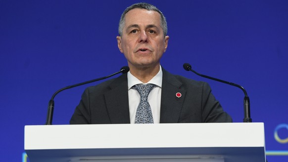epa10705793 Minister of Foreign Affairs of Switzerland Ignazio Cassis addresses the closing session on the second and final day of the Ukraine Recovery Conference (URC) in London, Britain 22 June 2023 ...