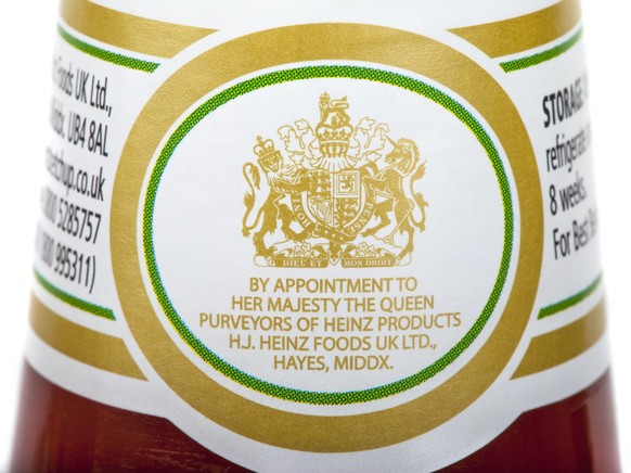 LONDON, UK - MAY 6TH 2016: The Royal Warrant of Appointment on a jar of Heinz Ketchup, on 6th May 2016. Businesses who supply goods or services to Royal personages are allowed to display this crest.