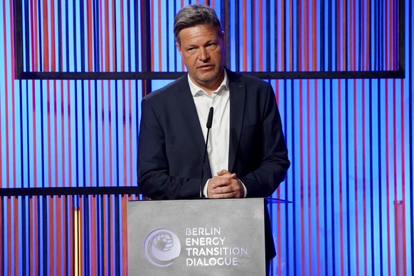 epa09857130 German Minister for Economy and Climate Robert Habeck speaks during the opening of the 8th Berlin Energy Transition Dialogue (BETD) in Berlin, Germany, 29 March 2022. The eighth Berlin Ene ...