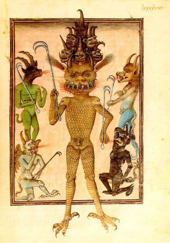 Illustration von Luzifer, 15. Jh.: Die Teufel werden als Monster aus menschlichen und tierischen Körperteilen dargestellt, in den Händen halten sie Folterinstrumente, die den Betrachter vor den Qualen warnen sollen, die ihn in der Hölle erwarten.