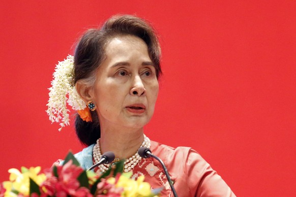 epa12184572 (FILE) - Myanmar State Counselor Aung San Suu Kyi speaks during the opening ceremony of Invest Myanmar Summit 2019 at the Myanmar International Convention Centre (MICC) in Naypyitaw, Myanm ...