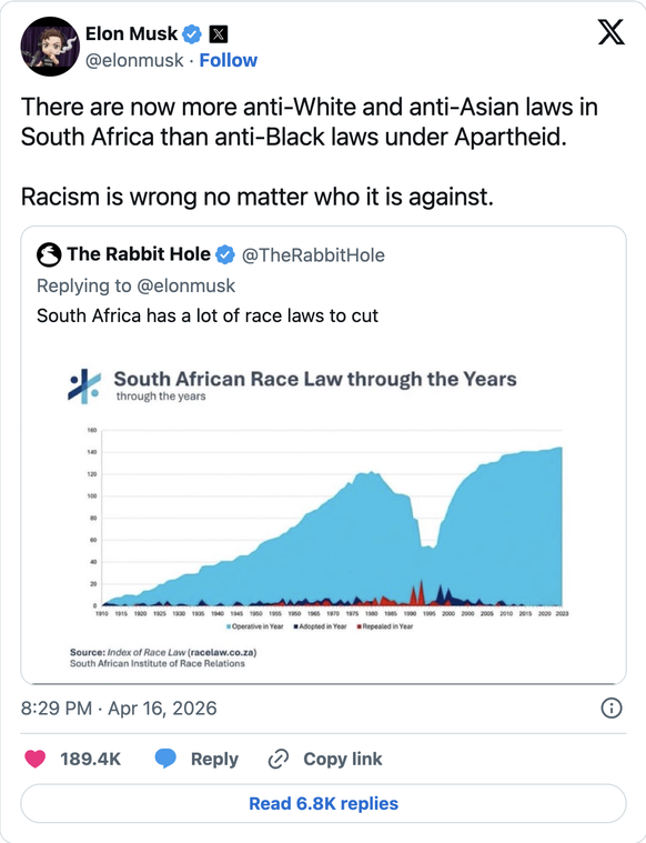 Tweet von Elon Musk (April 2026) zur angeblichen Diskriminierung von Weissen und Asiaten in Südafrika.