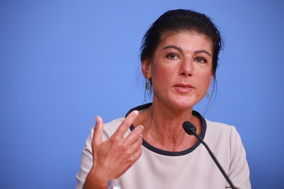 epa11579626 Sahra Wagenknecht Alliance (BSW) co-chairwoman Sahra Wagenknecht gestures during a press conference at the convention center of the Federal Press Conference (Bundespressekonferenz) in Berl ...