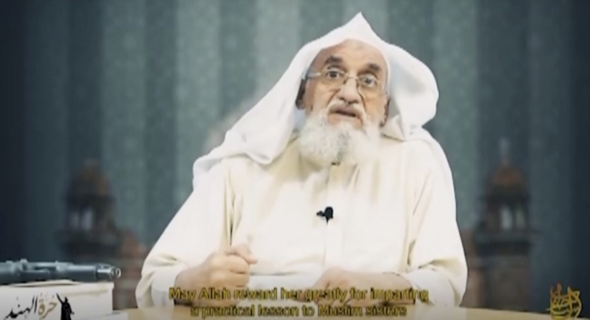 This image taken from a video issued by as-Sahab, al-Qaida's media branch, on April 5, 2022, shows Al-Qaeda leader Ayman al-Zawahri speaking. In the rare video, al-Zawahri praises Muskan Khan, an ...