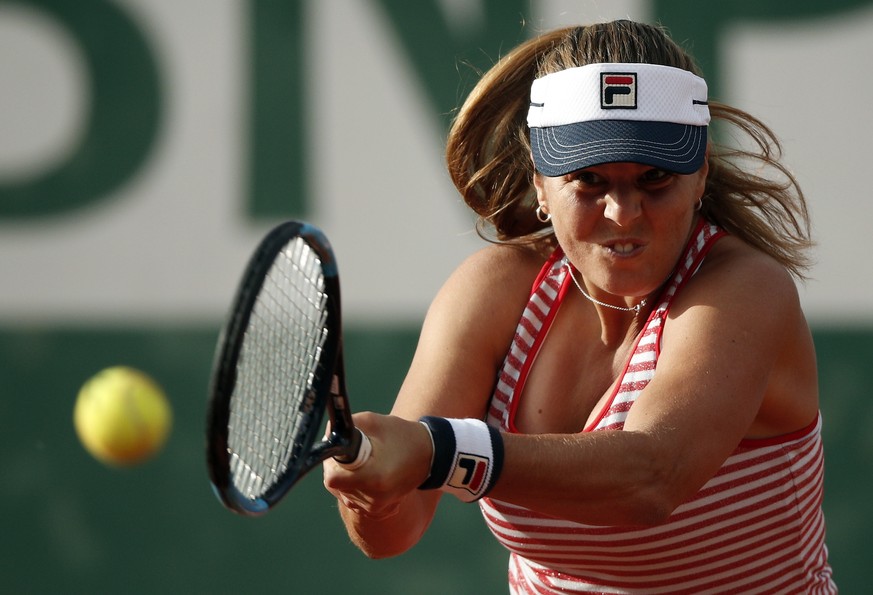 epa07608547 Anna Tatishvili of the USA plays Maria Sakkari of Greece during their women’s first round match during the French Open tennis tournament at Roland Garros in Paris, France, 28 May 2019. EPA ...