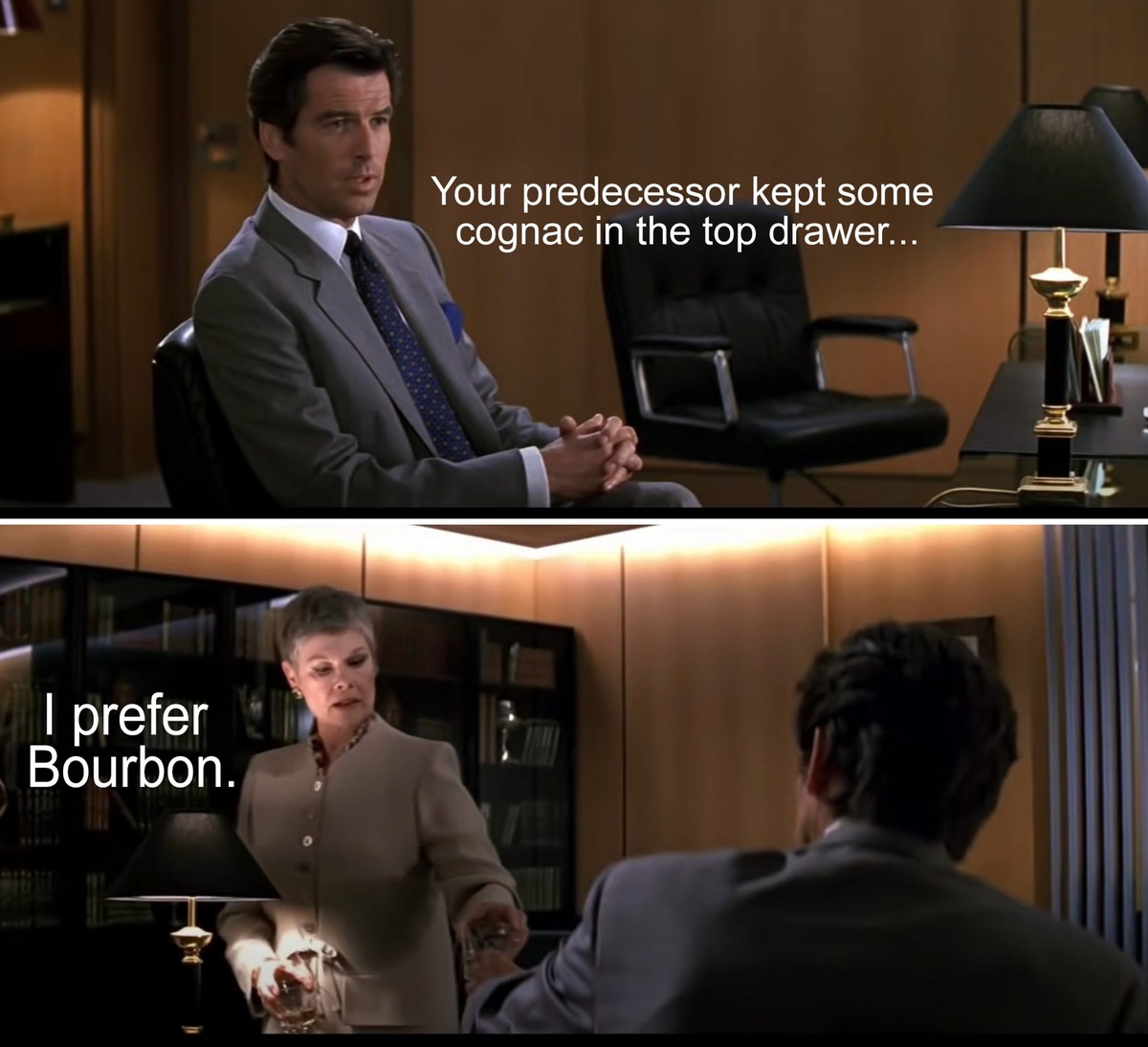 Goldeneye M James Bond 007 Pierce Brosnan Judi Dench https://www.youtube.com/watch?v=tEujAIjTldk