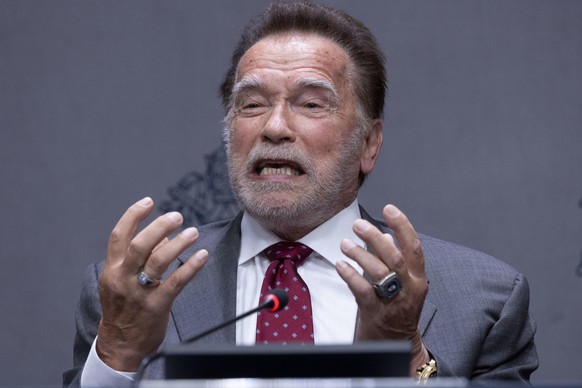 epa12417221 US actor Arnold Schwarzenegger speaks at a press conference in Vatican City, Vatican, 30 September 2025, to present the upcoming international conference 'Raising Hope for Climate Jus ...