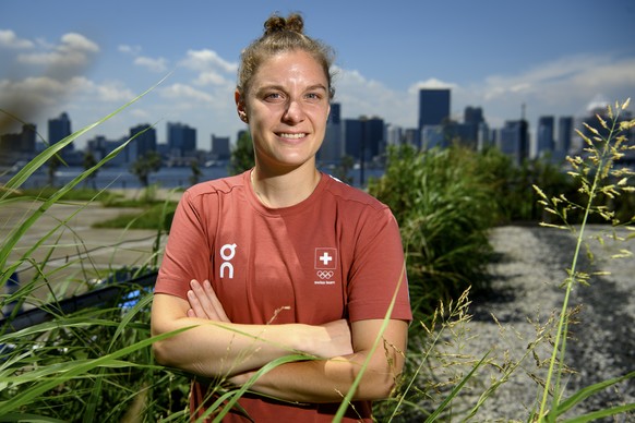 Swiss athlete in table tennis Rachel Moret poses for photographer after a virtual press conference at the 2020 Summer Olympics, in Tokyo, Japan, Wednesday, July 21, 2021. (KEYSTONE/Laurent Gillieron)