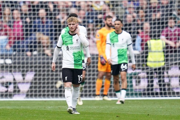 West Ham United v Liverpool - Premier League - London Stadium Liverpool s Harvey Elliott reacts after West Ham United s Michail Antonio not pictured scores their side s second goal of the game during  ...