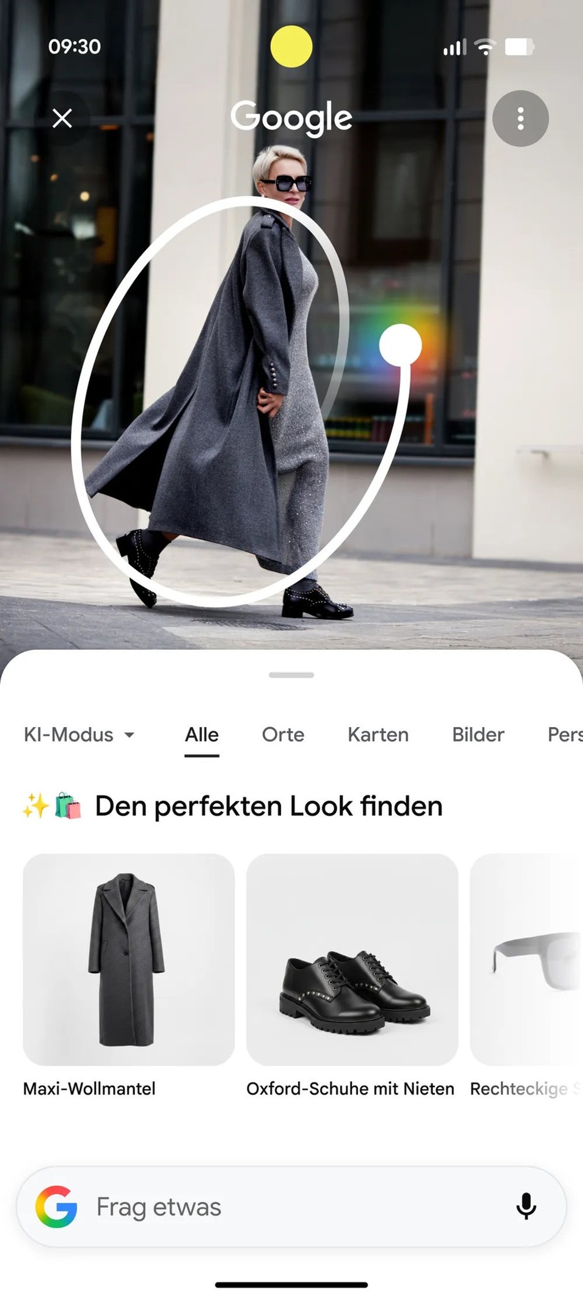 Circle to Search findet nun beispielsweise mehrere Outfits (Mantel, Schuhe, Sonnenbrille etc.) in einem Bild. Diese kann man sich dann KI-generiert am eigenen Körper anzeigen lassen.