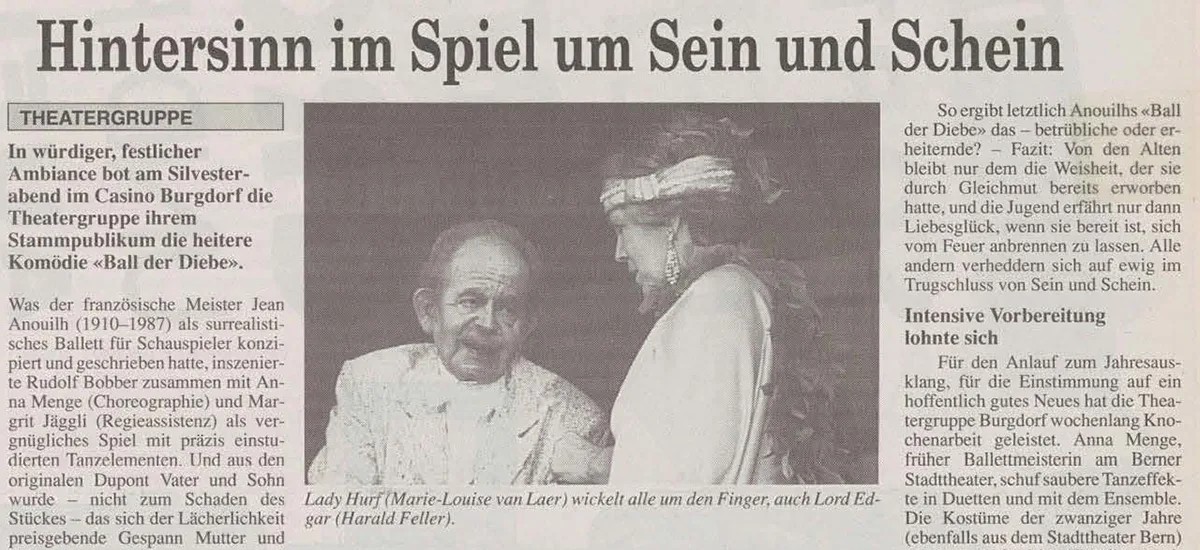 Dès les années 1950 Harald Feller a travaillé comme procureur dans le canton de Berne. Il s’est fait également un nom comme metteur en scène et acteur de théâtre. Article du Burgdorfer Tagblatt du 4 j ...