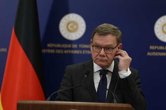epa12814114 German Minister for Foreign Affairs Johann David Wadephul attends a joint press conference with Turkish Foreign Minister Hakan Fidan following their meeting in Ankara, Turkey, 12 March 202 ...