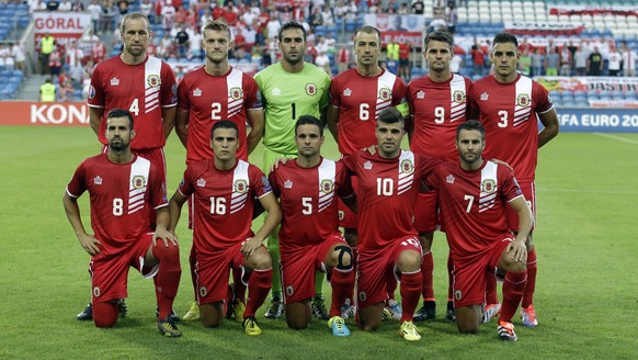 Gibraltar&#039;s players David Artell, Scott Wiseman, goalkeeper Jordan Perez, Roy Chipolina, Kyle Casciaro, Joseph Chipolina, upper row from left, and Rafael Bado, Brian Perez, Ryan Casciaro, Liam Wa ...