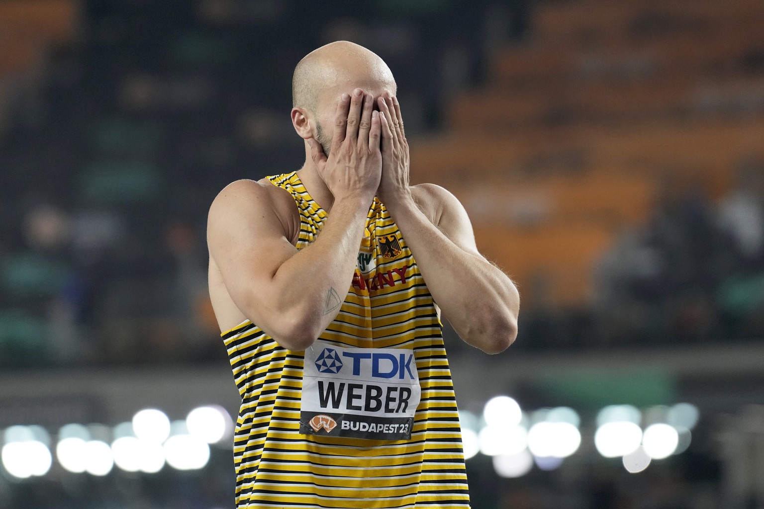 Julian Weber, of Germany, reacts after an attempt in the Men&#039;s javelin throw final during the World Athletics Championships in Budapest, Hungary, Sunday, Aug. 27, 2023. (AP Photo/Matthias Schrade ...