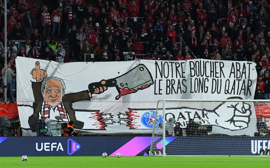 FOOTBALL CHAMPIONS LEAGUE SEASON 2022/2023 Round of 16, second leg, Bayern Munich - Paris Saint-Germain 08/03/2023 Bayern Ultras shows a banner in the southern corner of the Allianz Arena stadium in a sign ...