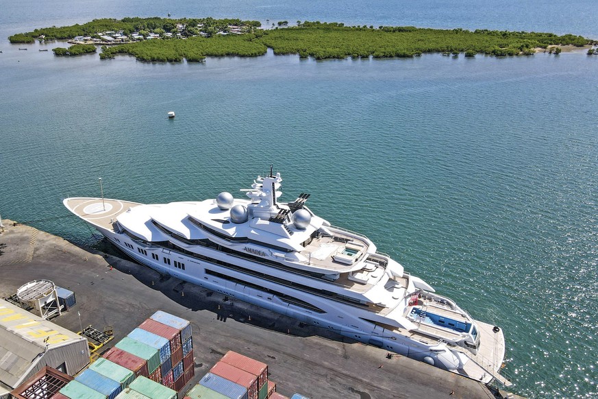 FILE - The superyacht Amadea is docked at the Queens Wharf in Lautoka, Fiji, on April 15 2022. The superyacht that American authorities say is owned by a Russian oligarch previously sanctioned for all ...