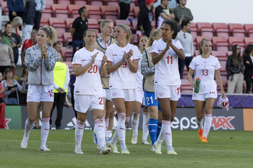 Switzerland&#039;s players great their supporters after the UEFA Women&#039;s England 2022 group C preliminary round soccer match between Portugal and Switzerland, at the Leigh Sports Village, in Wiga ...