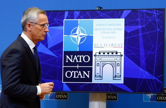 epa10326864 Secretary General of the North Atlantic Treaty Organization (NATO) Jens Stoltenberg gives a press conference ahead of a two-day NATO Ministers of Foreign Affairs meeting; at NATO headquart ...