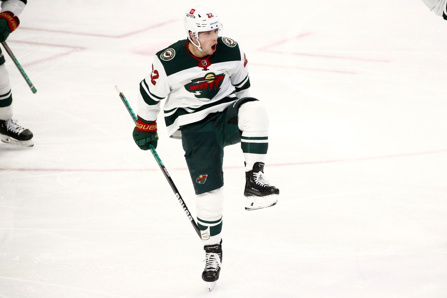 Minnesota Wild left wing Kevin Fiala (22) celebrates his goal during the third period of an NHL hockey game against the Buffalo Sabres, Friday, March 4, 2022, in Buffalo, N.Y. (AP Photo/Jeffrey T. Bar ...