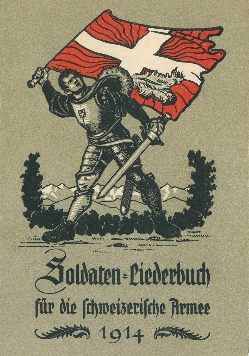 Das Soldaten-Liederbuch von 1914 zeigt einen typisierten Schweizerkrieger in Harnisch mit einer geflammten Fahne.