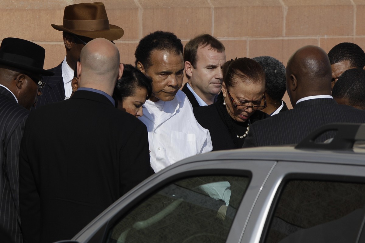 Muhammad Ali leaves after attending a memorial service for boxing legend Joe Frazier at the Enon Tabernacle Baptist Church Monday, Nov. 14, 2011, in Philadelphia. (AP Photo/Matt Slocum)