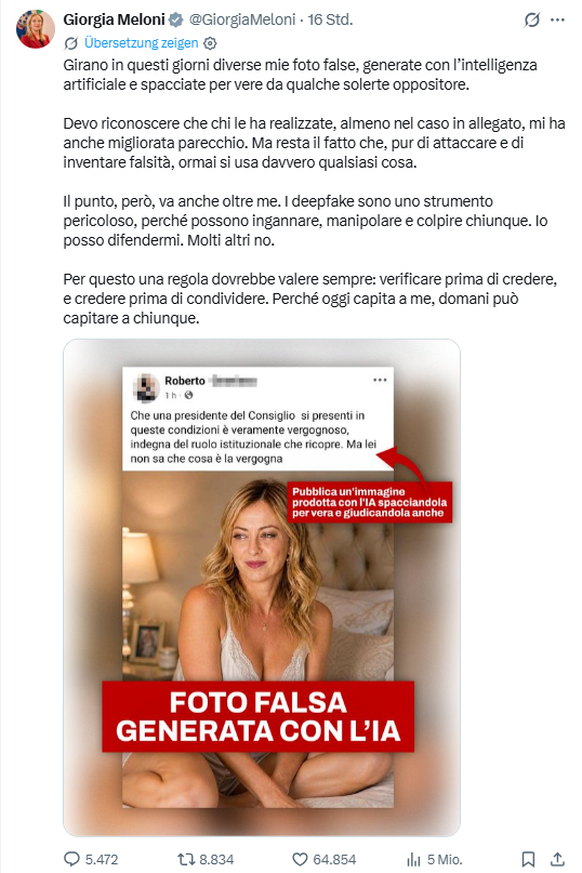 Mit diesem Post auf X setzt sich Meloni gegen Deepfakes zur Wehr.