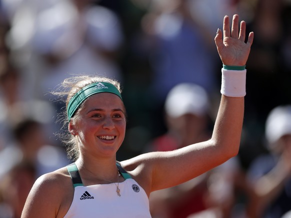 epa06016972 Jelena Ostapenko of Latvia reacts after winning against Timea Bacsinszky of Switzerland during their womenâs singles semi final match during the French Open tennis tournament at Roland G ...