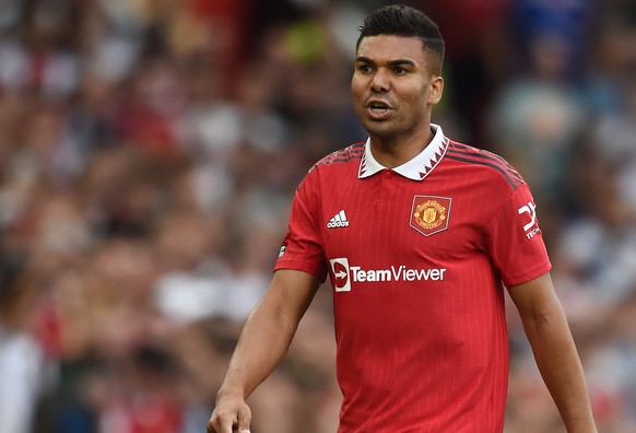 epa10160194 Manchester United's Casemiro in action during the English Premier League soccer match between Manchester United and Arsenal at Old Trafford in Manchester, Britain, 04 September 2022. EPA/P ...