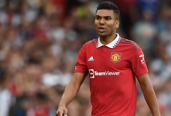 epa10160194 Manchester United&#039;s Casemiro in action during the English Premier League soccer match between Manchester United and Arsenal at Old Trafford in Manchester, Britain, 04 September 2022.  ...