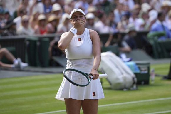 Amanda Anisimova of the U.S. reacts after beating Aryna Sabalenka of Belarus in a women&#039;s singles semifinal match at the Wimbledon Tennis Championships in London, Thursday, July 10, 2025. (AP Pho ...
