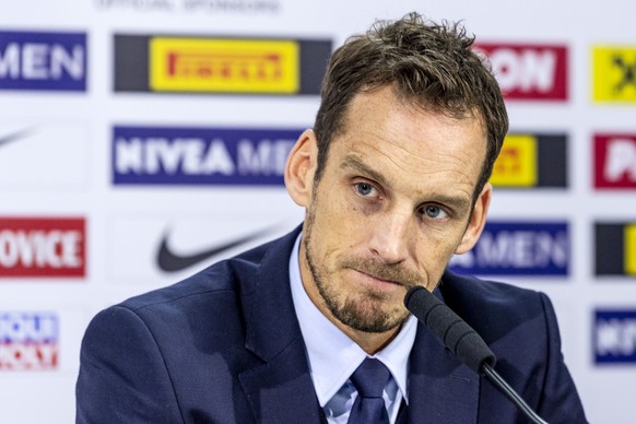 Switzerland`s coach Patrick Fischer at the pressconference after losing the quarter final game between Canada and Switzerland, at the IIHF 2019 World Ice Hockey Championships, at the Steel Arena in Ko ...