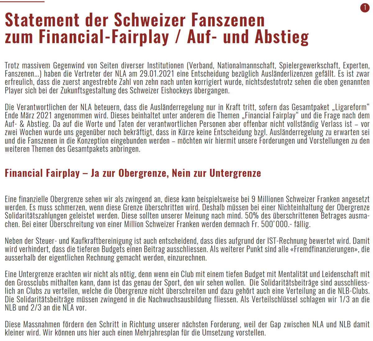 Statement der Schweizer Eishockey-Fanszenen zum Financial-Fairplay und zum Auf- und Abstieg