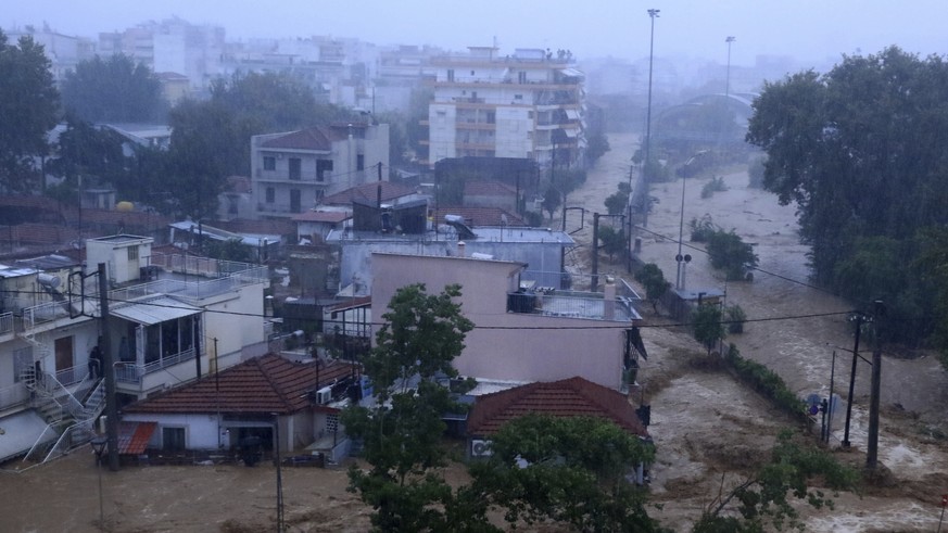 Floodwaters cover an area in the town of Volos, central Greece, Tuesday, Sept. 5, 2023. The fire department says one man was killed as police ordered vehicles off the streets of three regions in Greec ...