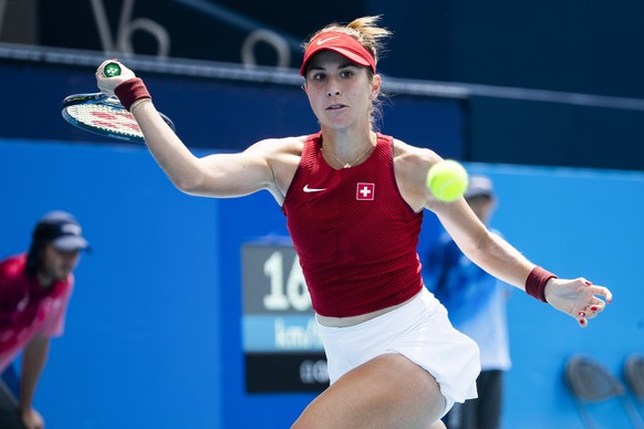 epa09366148 Belinda Bencic of Switzerland in action during her second round match against Misaki Doi of Japan in the women&#039;s single tennis competition at the 2020 Tokyo Summer Olympics at the Ari ...