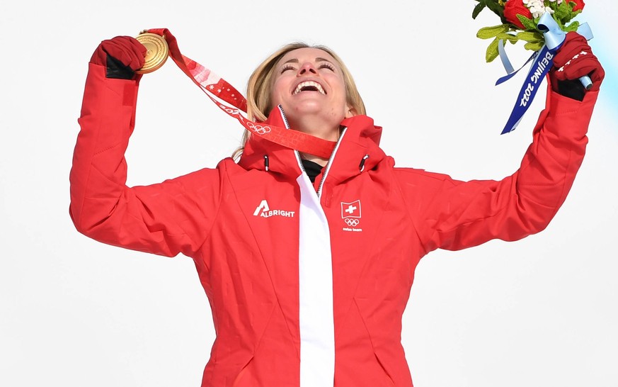 BEIJING, CHINA - FEBRUARY 11: Gold medallist Lara Gut-Behrami of Team Switzerland poses during the Women s Super-G medal ceremony on day seven of the Beijing 2022 Winter Olympic Games, Olympische Spie ...