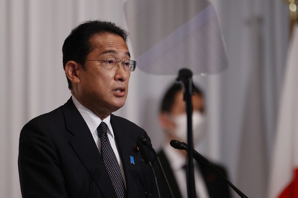 epa10064633 Japanese Prime Minister Fumio Kishida and leader of the Liberal Democratic Party (LDP) speaks during a news conference after the results of the Upper House elections at the party headquart ...