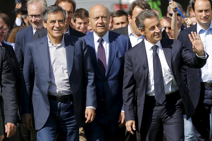From L-R : Former French prime minister Francois Fillon, former French prime minister and Bordeaux&#039;s mayor Alain Juppe, and former French president and head of the conservative Les Republicains p ...