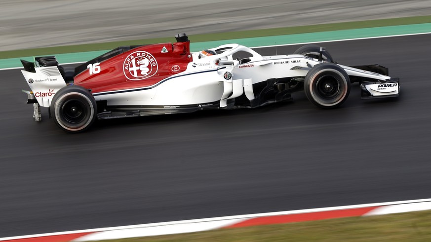 Sauber driver Charles Leclerc of Monaco steers his car during a Formula One pre-season testing session at the Catalunya racetrack in Montmelo, outside Barcelona, Spain, Tuesday, Feb. 27, 2018. (AP Pho ...