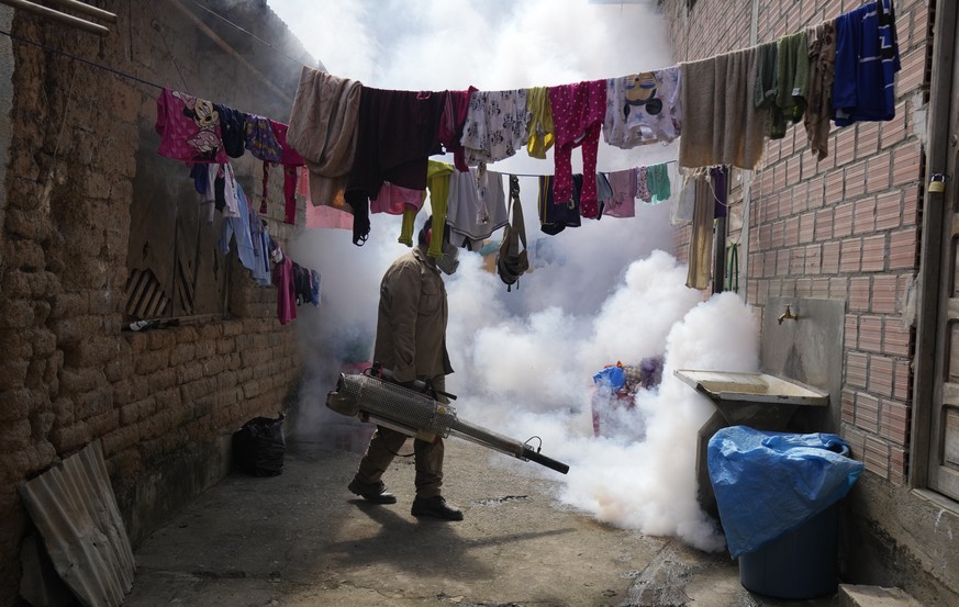 A health worker fumigates mosquitos to help mitigate the spread of dengue at a home in Caranavi, Bolivia, Thursday, March 2, 2023. (AP Photo/Juan Karita)