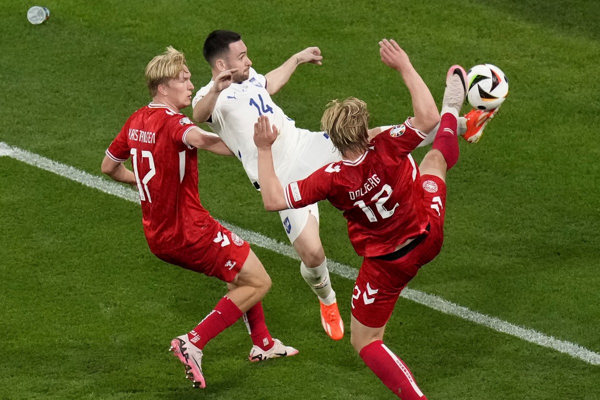 Denmark's Kasper Dolberg, left, Denmark's Kasper Dolberg, right, and Serbia's Andrija Zivkovic challenge for the ball during a Group C match between the Denmark and Serbia at the Euro 2 ...